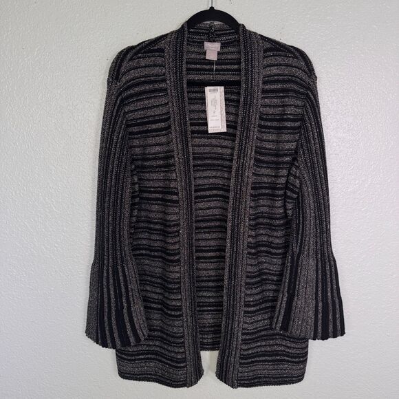 Chicos Travelers Cardigan Womens Large Metallic Knit Open Front Bell Sweater NEW - Picture 1 of 10